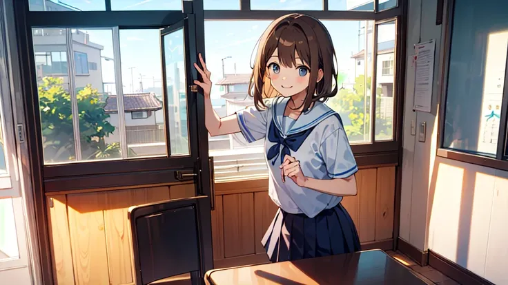 I forcefully open the sliding door to the classroom.、A smiling gal schoolgirl with light brown hair。