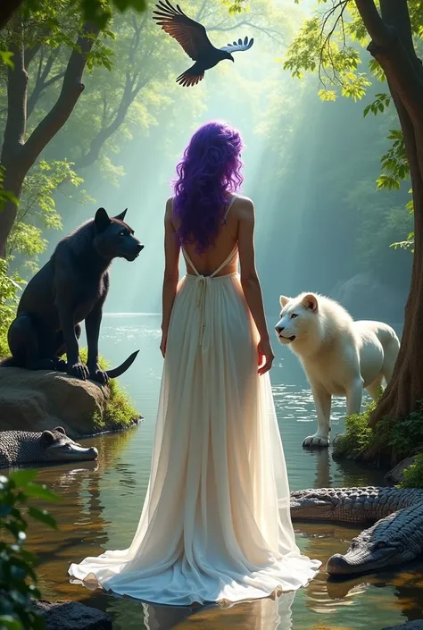 White skinned woman with purple curly hair, dressed in a white gown, Red lips, surrounded by a black jaguar, an eagle ,a black wolf, A crocodile, a transparent white lion and plants 