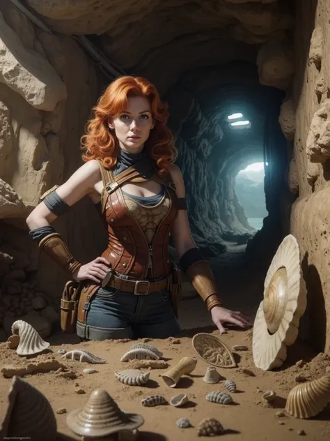 a gorgeous red head female [Gal Gadot:Maude Adams:0.5] paleontologist wears a complete explorer outfit and (her new found excavated mollusc fossils:1.2), an epic masterpiece hyper realistic digital art of Frank Bellamy, professional color grading by Kennet...