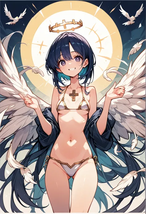 Girl Tied to a Cross，Angel wings on both shoulders,（A cross of light in your eyes）,Halo,Wing relief，Smile,Show your whole body，Open your arms，Anime Style，naked，Concept Art，Pin-up posters，Fluttering feathers,Shiny Wing Bikini,A shining cross on the crotch