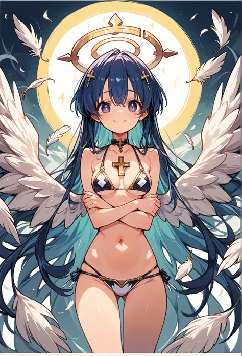 Girl Tied to a Cross，Angel wings on both shoulders,（A cross of light in your eyes）,Halo,Wing relief，Smile,Show your whole body，Open your arms，Anime Style，naked，Concept Art，Pin-up posters，Fluttering feathers,Shiny Wing Bikini,A shining cross on the crotch