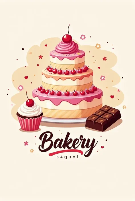 A beautiful logo for a bakery with a cake in the middle, a cupcake and a chocolate bar  