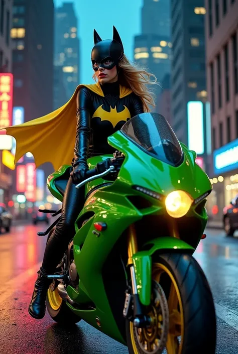 Batgirl on a green motorcycle
