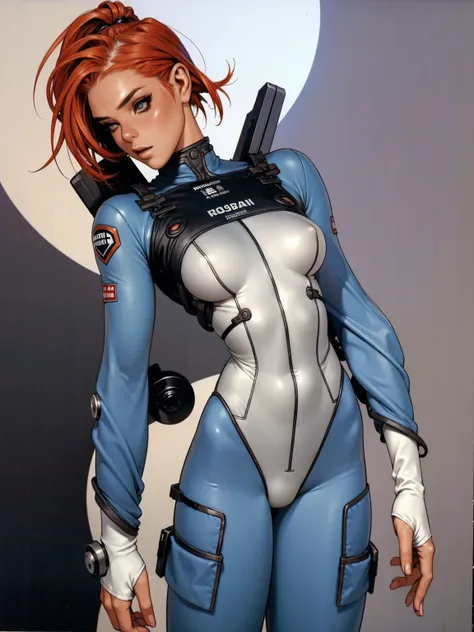 (((Brigitte Nielsen))), (((grey blue suit))), ((( soldier suit ))), (((Redhead short haircut))), (((Russian girl))), ((high collar)), (((grey blue army suit))), (((best qualityer: 1.4))), (Unbeatable masterpiece), (hiper HD),(CG 8k hyper-realistic), (((bra...