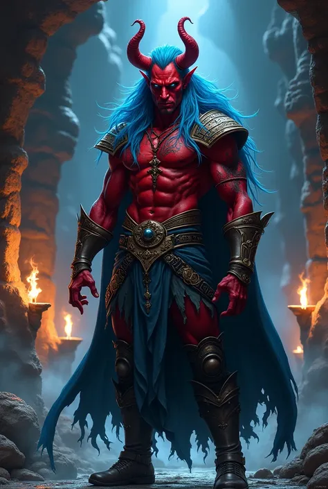 tiefling man with red skin and blue hair the blues