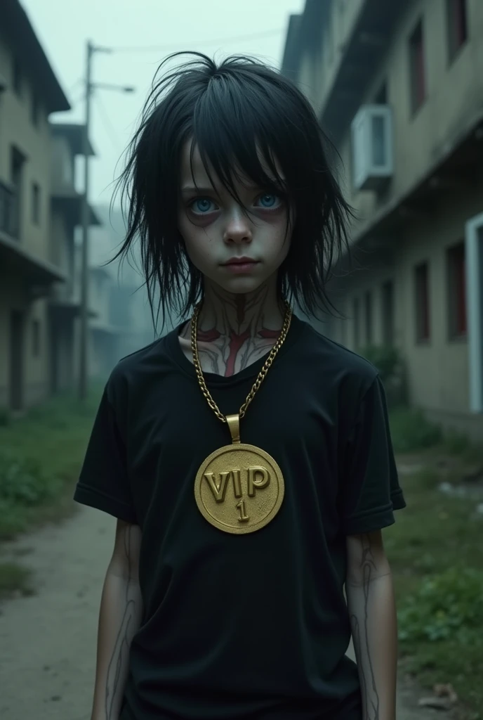 Make a very skinny boy like a Zombie, long black hair, blue colored eyes, black short sleeve t-shirt, with a gold medal around his neck that says ((VIP 1))