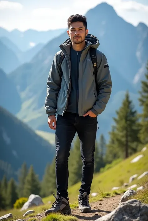 please make me a realistic photo of a 28-year-old Asian man with a handsome oval full body, wearing a outdoor gear, wearing black jeans, wearing mountain shoes, standing, with an aesthetic mountain background in the bright daylight.quality full hd 8k.