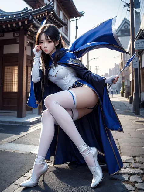 South korea walk women mystery hooded on with modern royal Blue coat with long and wide sleeves with buttons and royal Blue cape and very high white heel over the knee and white gloves, As she reveals a small secret hidden blade coming from his palm , addi...