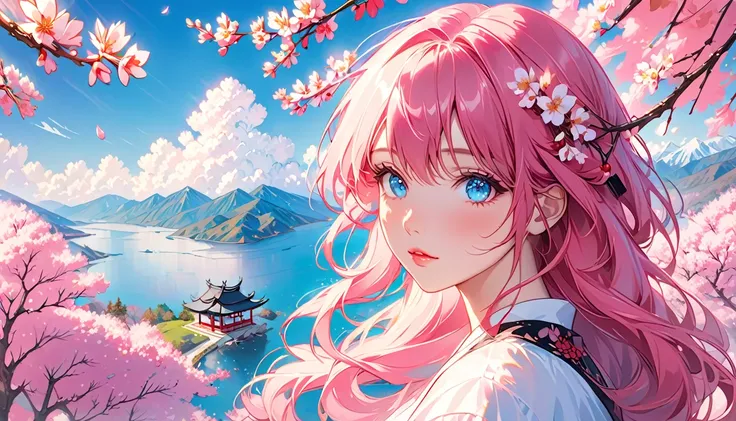 Detailed anime style, Beautiful and stunning artwork, Bright shadows, strong colors, Pastel cotton candy, a beautiful woman, pink hair, blue eyes, Beautiful scenery, Cherry blossom leaves, Linear and detailed illustration
