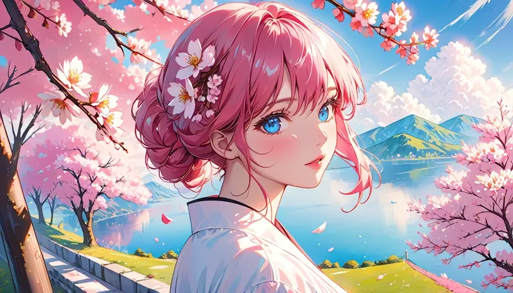 Detailed anime style, Beautiful and stunning artwork, Bright shadows, strong colors, Pastel cotton candy, a beautiful woman, pink hair, blue eyes, Beautiful scenery, Cherry blossom leaves, Linear and detailed illustration
