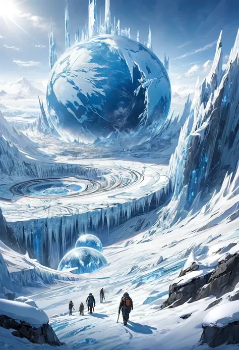 Future earth closed by ice, human crisis, humanity surviving with technology, science fantasy, icy world, best image quality