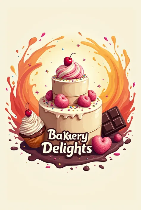 A beautiful logo for a bakery with a cake in the middle, a cupcake and a chocolate bar. Finally, it should have a wild background.