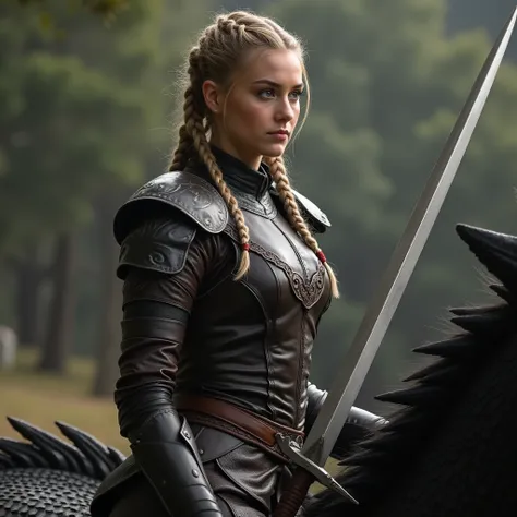 Lili Reinhart, with sword, leather armor, Braided hair, on a dragon 