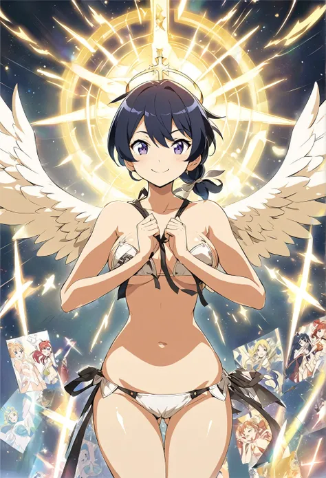 Girl Tied to a Cross，Angel wings on both shoulders,（A cross of light in your eyes）,Halo,Wing relief，Smile,Show your whole body，Open your arms，Anime Style，naked，Concept Art，Pin-up posters，Fluttering feathers,Shiny Wing Bikini,A shining cross on the crotch