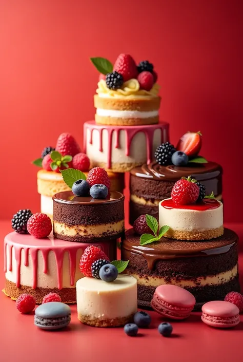 

generates an image filled with real cakes and snacks all together with a little red background 






