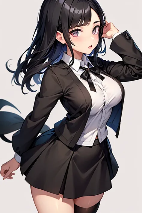 A white girl with black hair and a scolar uniform witch is a really really small skirt and a folder open on the half up witch her Nof-coup let see her breasts witch are the sized of her head