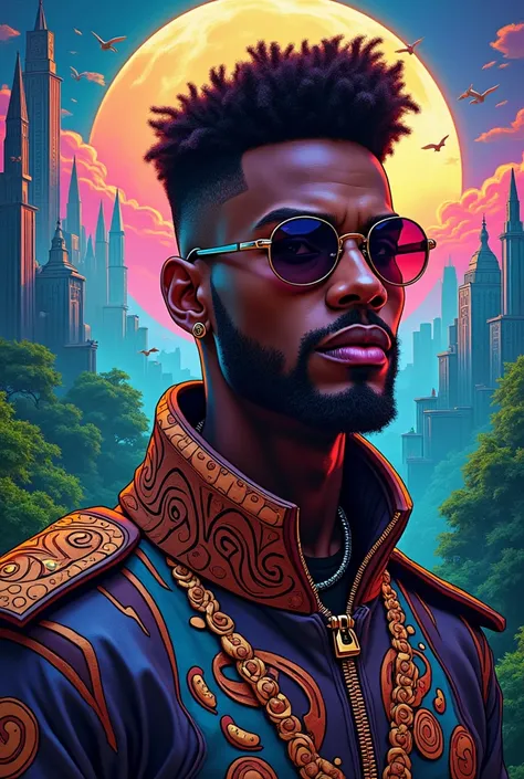 Psychedelic image of a male Wakanda music Marvel style another highlighting the city another with the city more forest another with younger character funk music style the same photo with military hair 