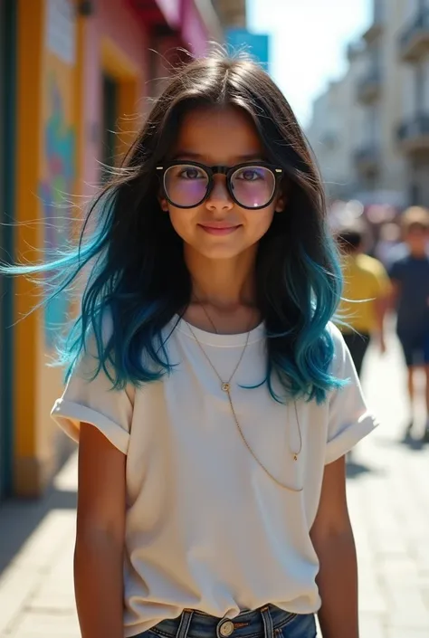 Black haired girl with blue highlights, brown eyes and glasses, tanned skin, wearing a loose t-shirt. 