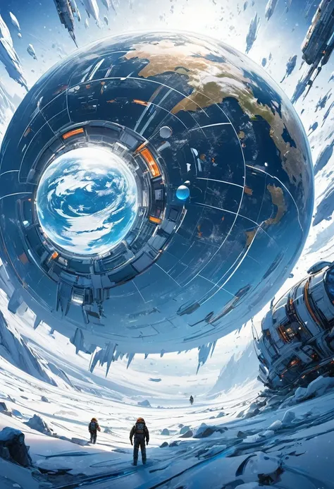 Future Earth in the ice, human crisis, exploring space with technology, frontier science fantasy, space migration, best image quality.