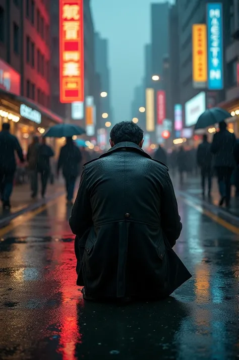 Create a man sitting on the ground of the street in the rain