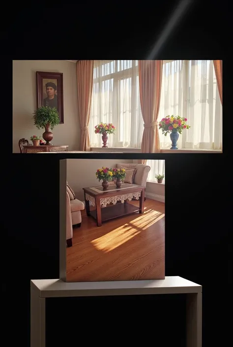 A living room with beautiful vases of light shining through the window