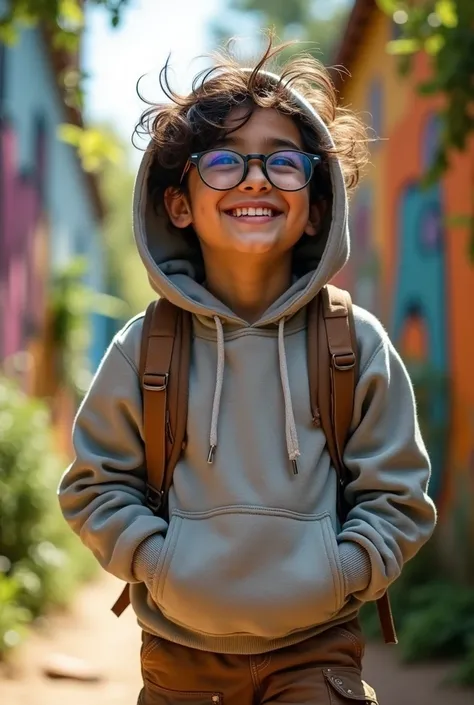 18-year-old chubby boy, Mexican, with freckles, round glasses and messy hair astasthetic. wears cargo pants and a sweatshirt.