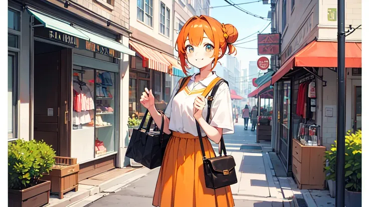 The background is a cute clothing store in the city。Its a shot of a high school girl。She has orange hair in a bun.、Shes smiling and looking at cute clothes。
