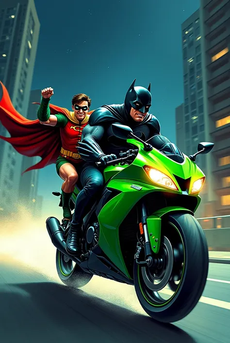 The DC Batman team on a green Kawasaki motorcycle