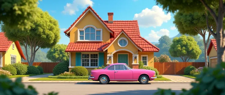 A beautiful neighborhood with a beautiful house , cinematic camera, pixar style, animation, enviroment, neighborhood house ,  Pink family car in front of the house with a beautiful garden