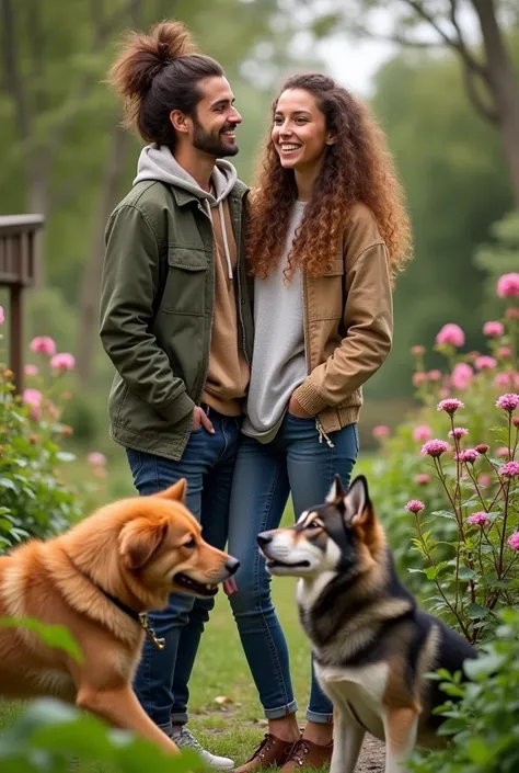 Create a cute couple. The couple has brown curly hair and light brown eyes. 
The boy has long hair in a ponytail, a piercing on his eyebrow and the girl has piercings on her cheeks.
There are two dogs, a small one all orange with lots of fur. 
The other do...