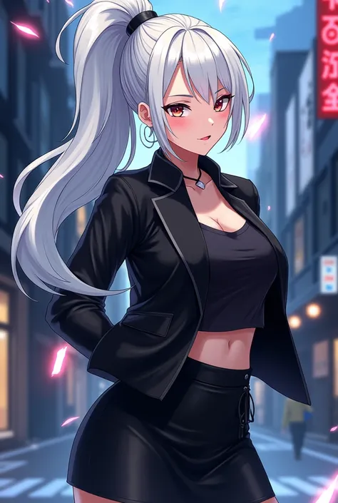 A female version of Gojo Satoru from Jujutsu Kaisen with her hair tied up, wearing a black jacket, black blouse, and skirt..


(anime, big breasts, somewhat flirty and very sexy)