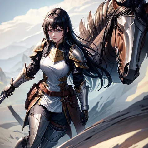 The great general woman, paladin, black hair, armor, 1 mature girl soldier