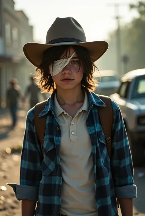 Carl Grimes, 14-year-old boy, medium-length brown hair, a white bandage covering his entire right eye, thin, sheriffs hat, blue plaid shirt and a white polo, in a zombie apocalypse
