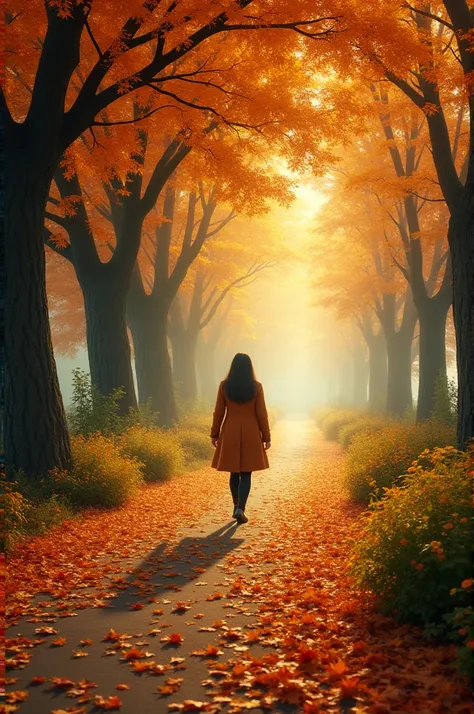 A figure walking on a path surrounded by autumn trees, leaving behind fallen leaves that represent negative memories. At the end of the road, a bright and welcoming place can be seen, symbolizing happiness and inner peace.