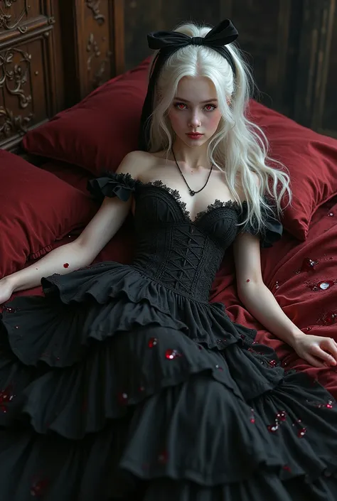 long white hair，16 year old girl，White stockings on her legs，Bedridden Bloodied Shalltear from Overlord, vampire fighter, (( form-fitting soft black evening dress with a large heavy skirt, adorned with a lace ribbon and a short custom-made jacket, giant ri...