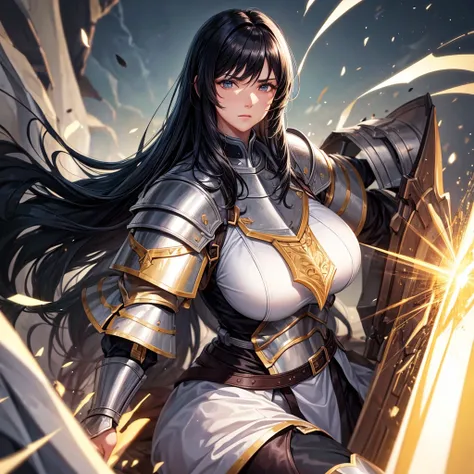 The great general woman, paladin, black hair, armor, 1 mature girl soldier, big woman, 