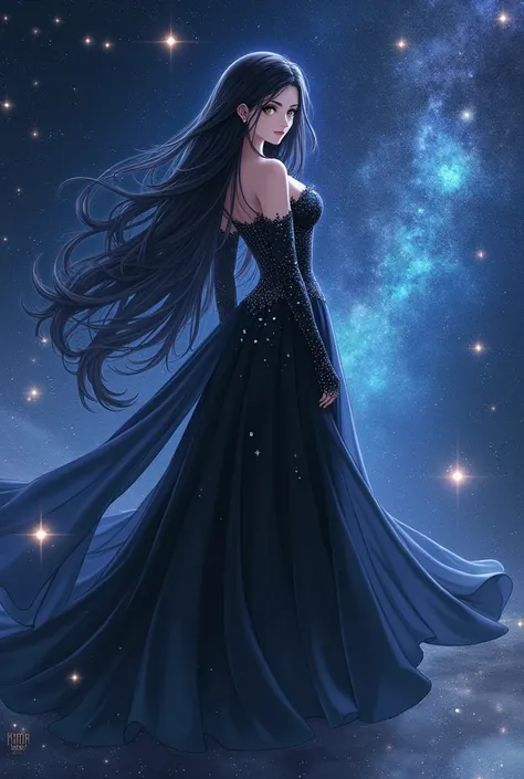 beautiful female anime character in a dress full of fabric, long and black, long and full hair, japanese, with stone details on the dress, background involving cosmology 