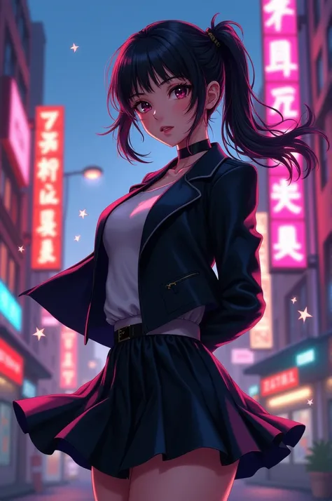 Gojo Satoru female version with a black jacket, skirt and tied hair

(big breasts, sexy and flirty body)