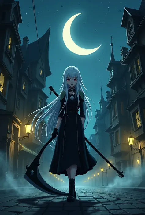 A young girl who looks similar to and wears the same clothes as Maka from SOUL Eater. But having the appearance and body of a 20 year old girl. Long, loose white hair. Average height. She has a scar in the middle of her nose. She is holding a big scythe in...