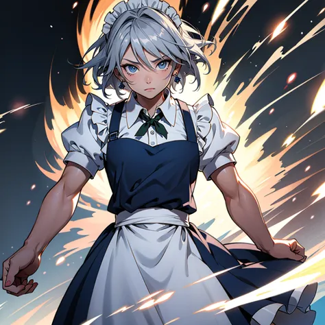 アニメ (8k, masterpiece, Best quality, high resolution), fantasy, Cute face, kawaii, Cute, Very big eyes, Aesthetic anime eyes, small face,
1 girl, only, (Izayoi Sakuya), blue eyes, Maid headdress, braid, gray hair, Maid, twin braiders, Short hair, cuffs, bow...