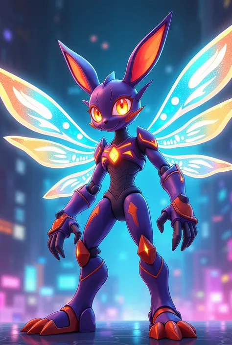 A anime style digimon humaniod creature.
 Appearance: a chimera , half bunny half man half dragonfly.  With big  wings, Big anime eyes. Two Big stingers for hands and wearing a exoskeleton 
 Style : cel shaded , 3d , anime, Full-body,  t pose.
This is a di...