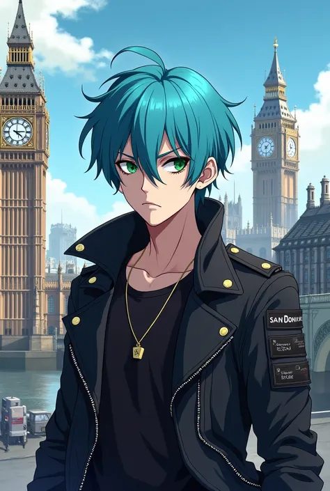 A white man with sky blue hair, He wears a black jacket, he has green eyes and ear piercings. His style is punk. The expression is serious. Anime style, the background is the city of London. He doesnt have spiky hair