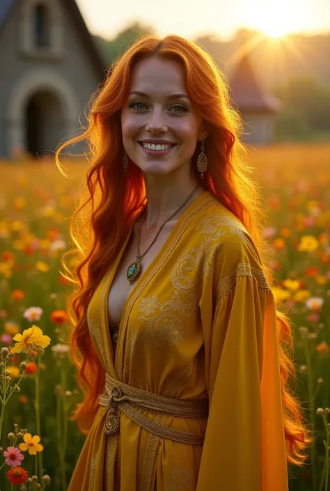 a close-up of a person in a yellow outfit standing in a field, triss marigold, seductive hypnotist woman, scene where she is in rivendell, Cattie - Brie de Mithril Hall, Dwarf Noblewoman, female elf, yellow coats, golden robes, yellow coat, elf character w...