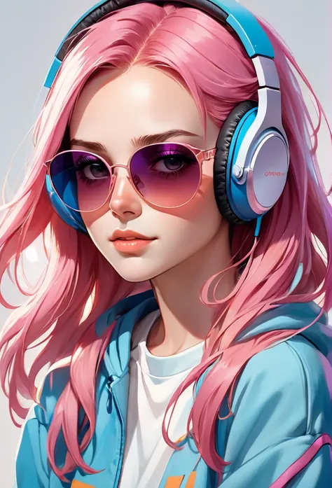 in the image, we see a young woman with vibrant pink hair wearing headphones. she has a confident expression on her face and app...