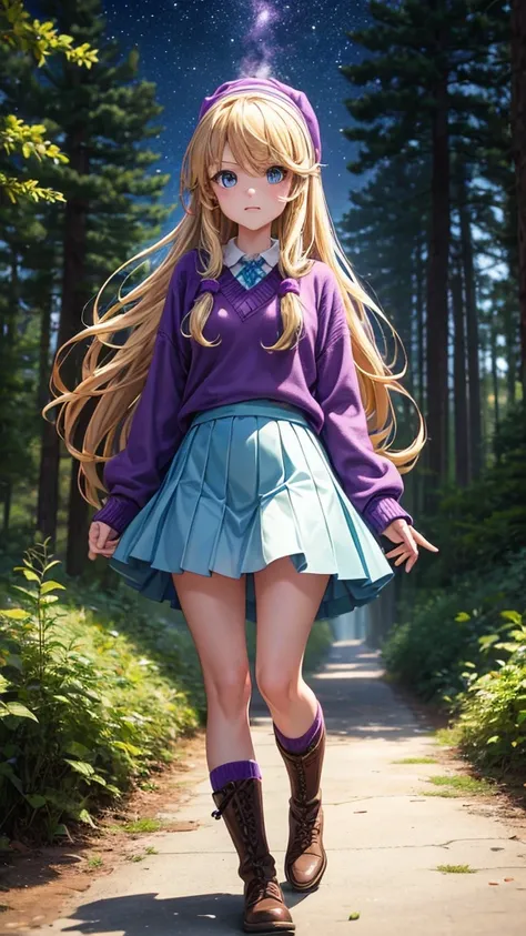 Create an image of Pacifica Northwest from Gravity Falls. She is a teenage girl with long, wavy blonde hair and blue eyes. She often wears a purple headband and a stylish, preppy outfit, typically featuring a purple sweater, a white skirt, and matching pur...