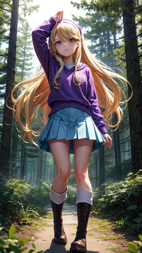 Create an image of Pacifica Northwest from Gravity Falls. She is a teenage girl with long, wavy blonde hair and blue eyes. She often wears a purple headband and a stylish, preppy outfit, typically featuring a purple sweater, a white skirt, and matching pur...