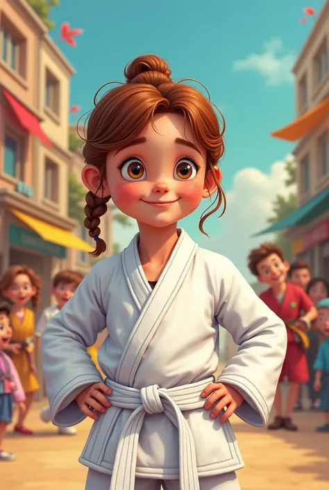 child,, chestnut hair, with braid , white belt jiujitsu, drawning , disney
