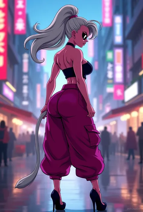 Android 21 from dragonball, black sclera, pink skin, tube top, bracelet, harem pants, high heels, tail, white hair, big belly, thick thights, pov from behind, teasing butt?