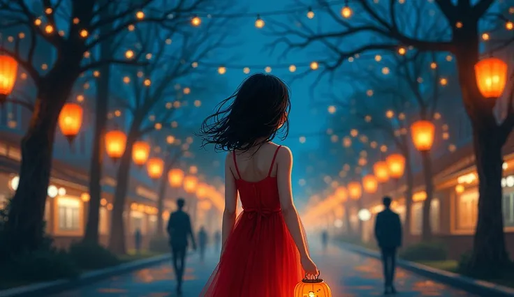 painting of a woman in a red dress walking in front of a city at night, girl under the lantern, beautiful illuminated, Illustrative art, night lights, by Ksenia Milicevic, Lt. Ludwik Konarzewski, blurry and dream illustration, many lights, dream illustrati...