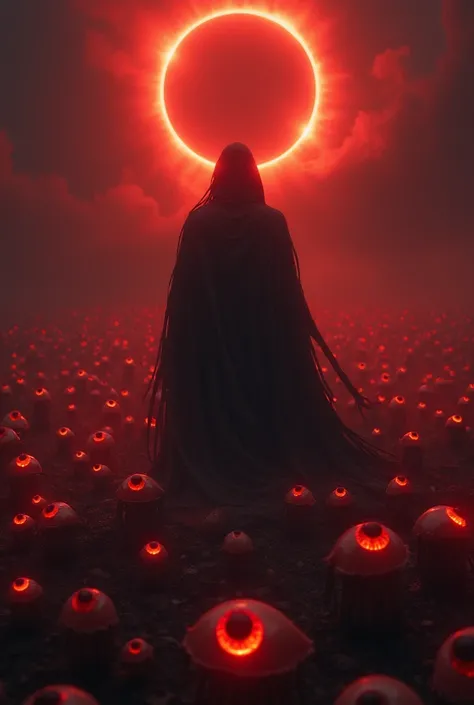 Create a Siteral space with many red human eyes ,observing a divine being of darkness ,with an eclipse in the background 